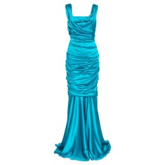 Dolce & Gabbana Turquoise Blue Silk Satin Ruched Maxi Dress L