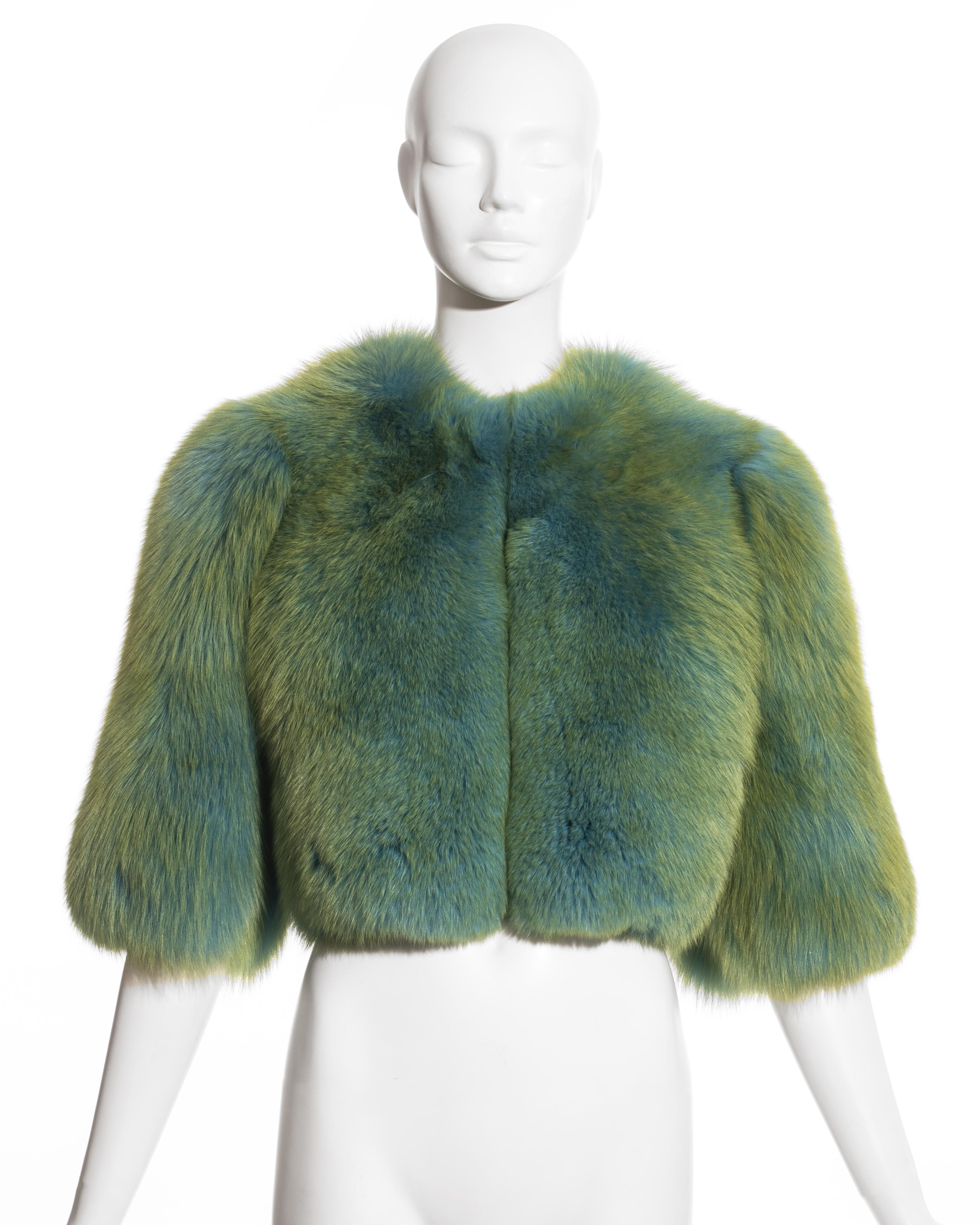 Dolce & Gabbana turquoise fox fur cropped jacket with leopard print silk lining. 

Fall-Winter 1999