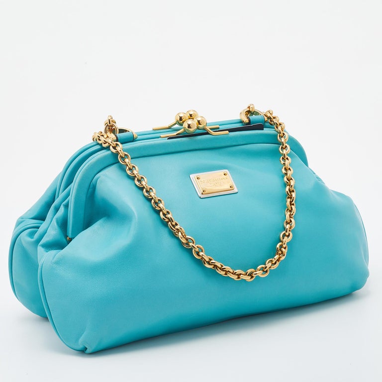 Dolce and Gabbana Turquoise Leather Frame Chain Shoulder Bag For Sale
