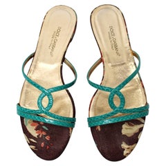 Dolce & Gabbana Turquoise Snake Embossed Leather Floral Print Sandals circa Y2K