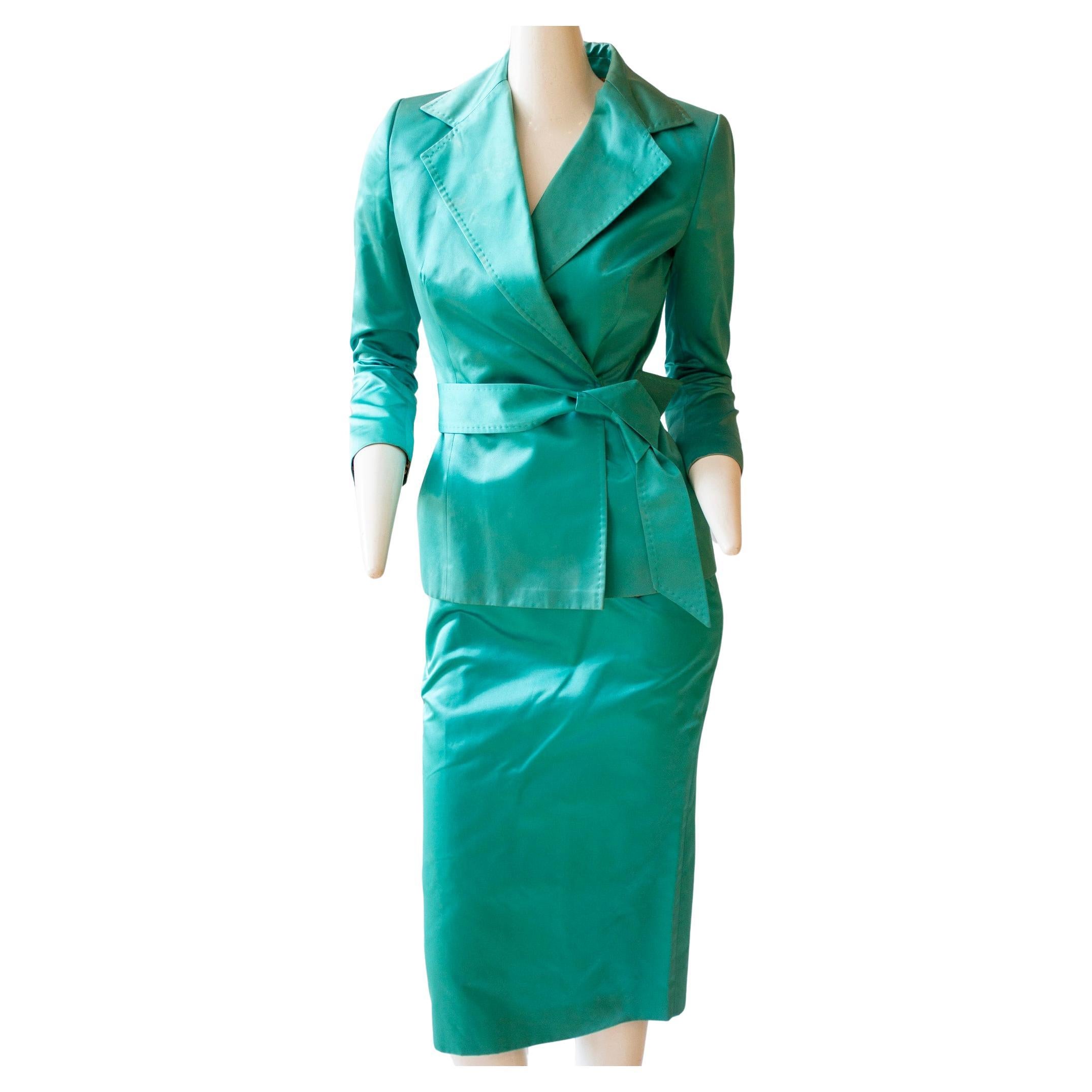 Dolce & Gabbana, Two Piece 100% Silk Turquoise Skirt Suit Ensemble  For Sale