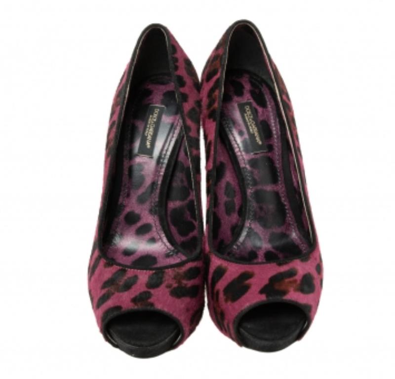 Dolce & Gabbana Two Tone Leopard Print Pony Hair Peep Toe Platform Pumps Size 37 Pour femmes en vente