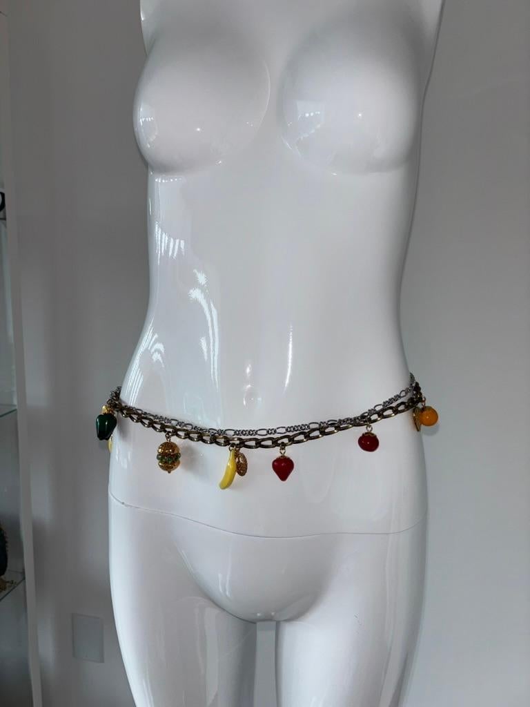 Gray DOLCE & GABBANA Two Tone Multi Fruit Charm Belt Gold Silver Chain Pepper For Sale