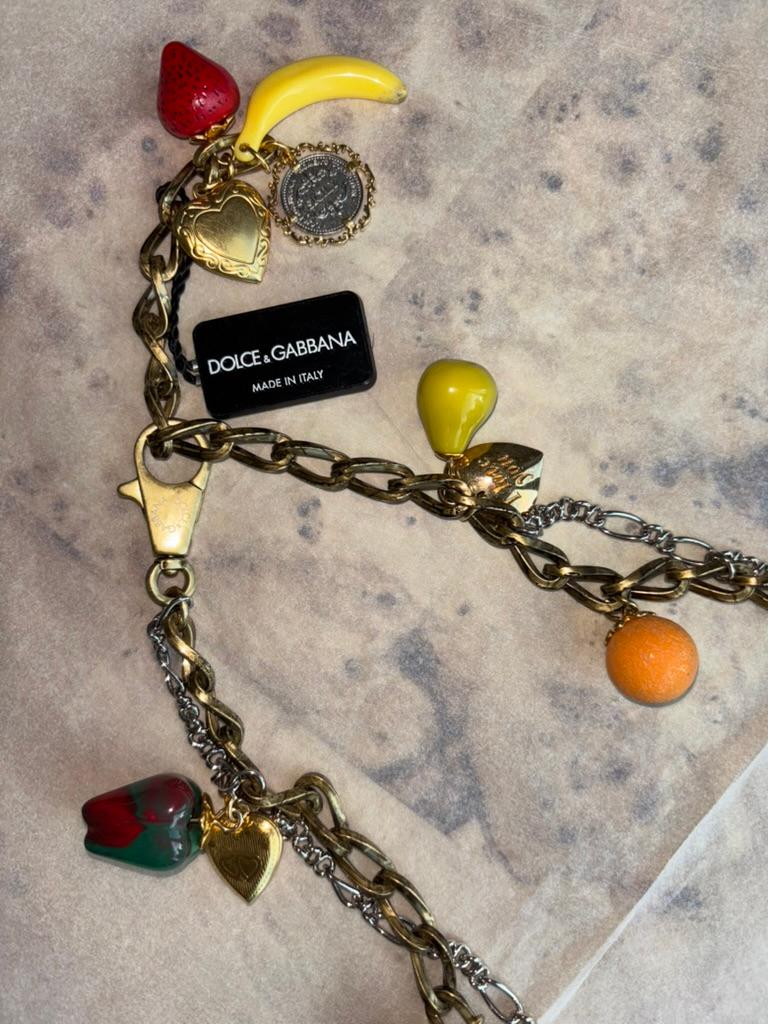 Women's DOLCE & GABBANA Two Tone Multi Fruit Charm Belt Gold Silver Chain Pepper For Sale