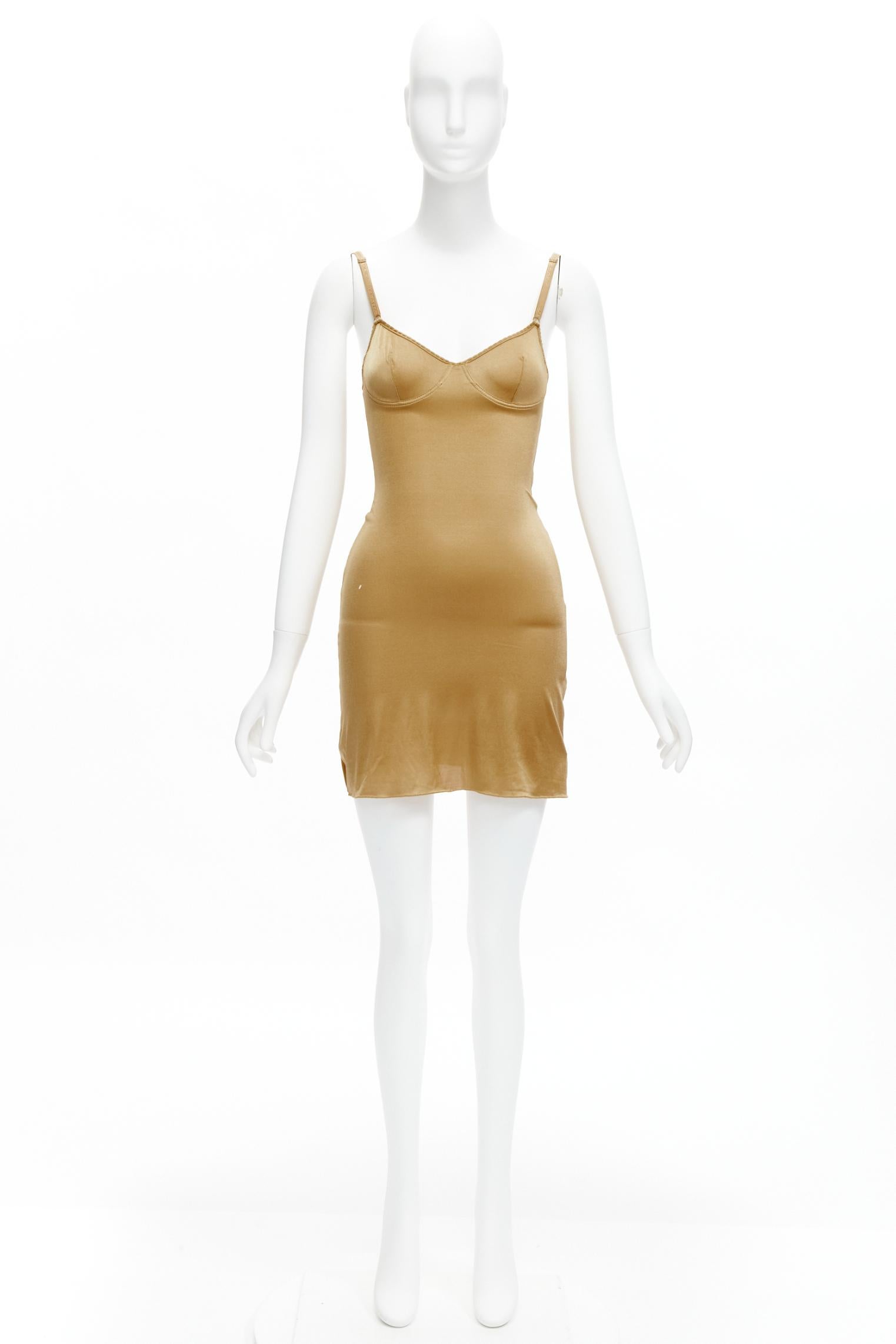 DOLCE GABBANA UNDERWEAR golden nude logo trim bustier bodycon slip dress IT2  For Sale 6