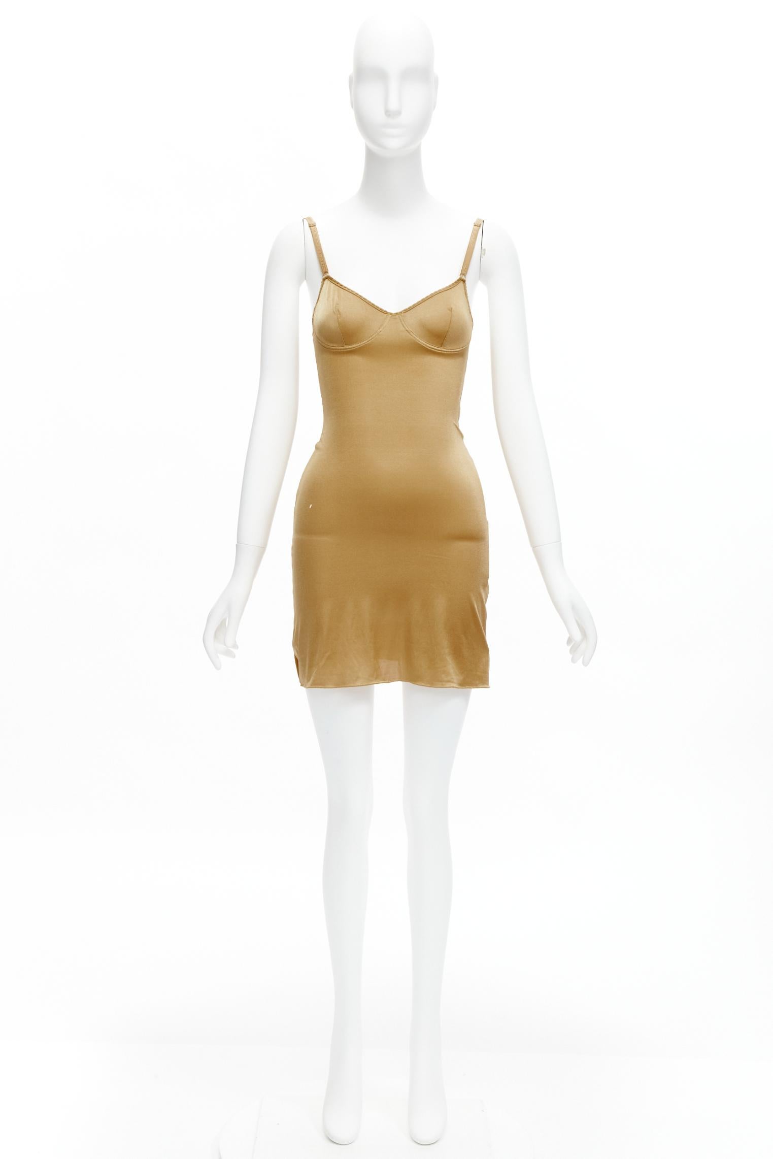 DOLCE GABBANA UNDERWEAR golden nude logo trim bustier bodycon slip dress IT2 XS 5