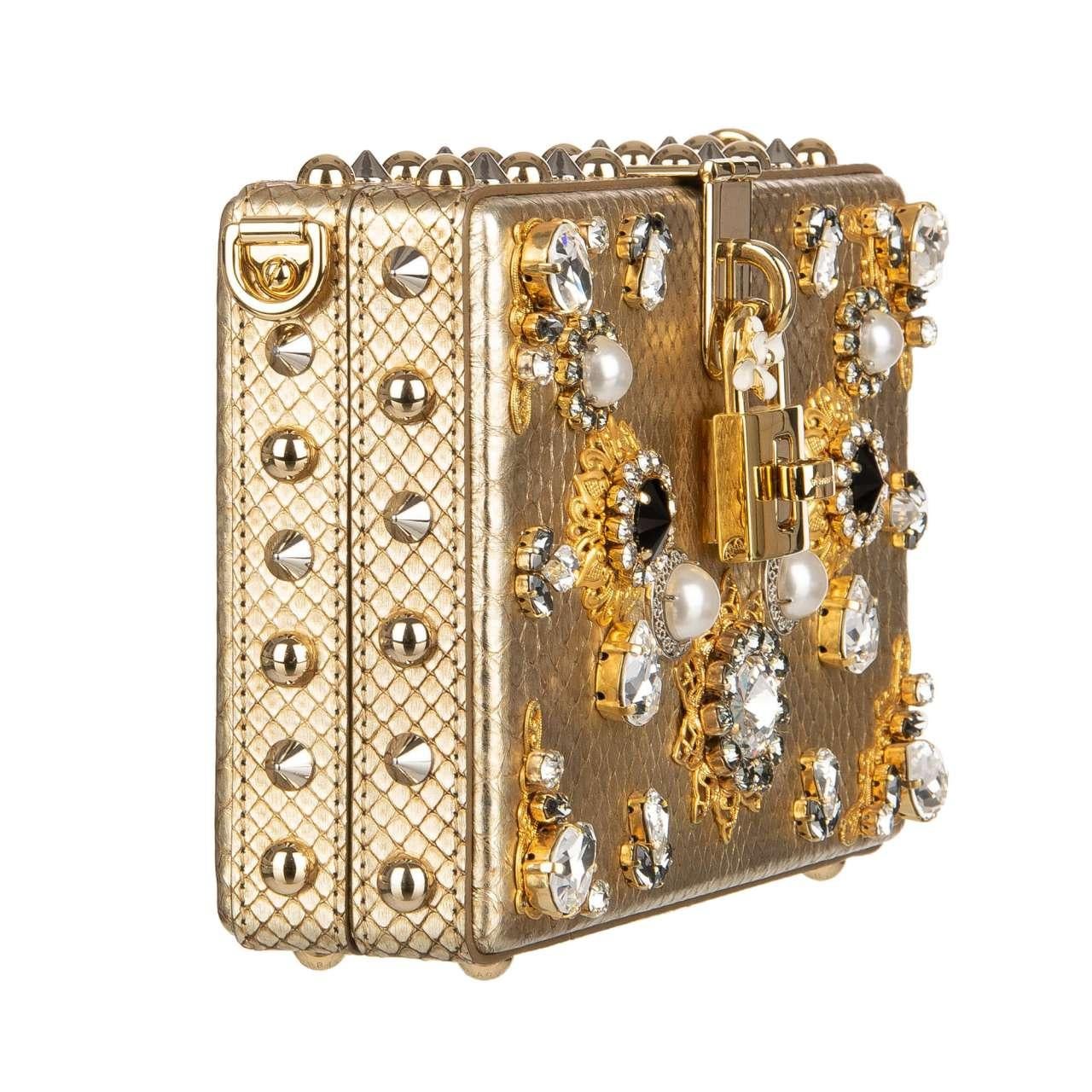 Dolce & Gabbana Unique Jeweled Studded Snakeskin Clutch Bag DOLCE BOX Gold In Excellent Condition For Sale In Erkrath, DE