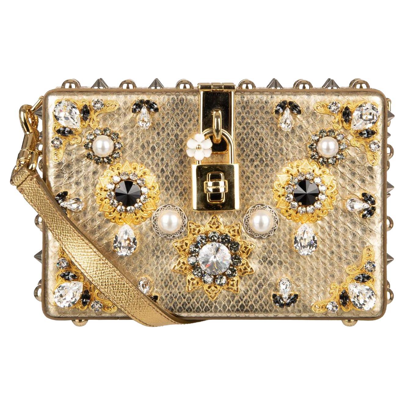 Dolce & Gabbana Unique Jeweled Studded Snakeskin Clutch Bag DOLCE BOX Gold For Sale