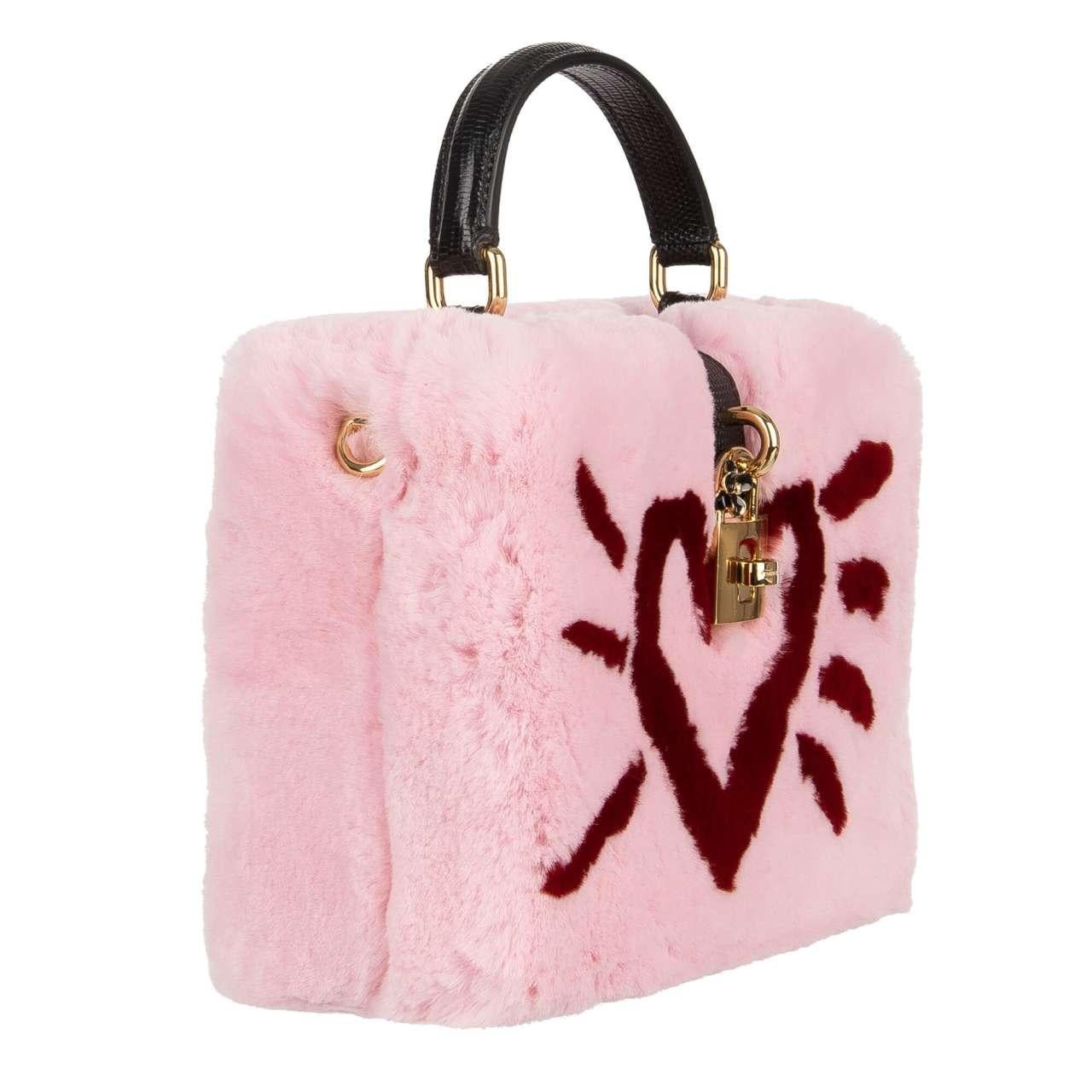 Women's Dolce & Gabbana Unique Rabbit Fur Clutch Bag DOLCE BOX with Heart and Logo Pink For Sale
