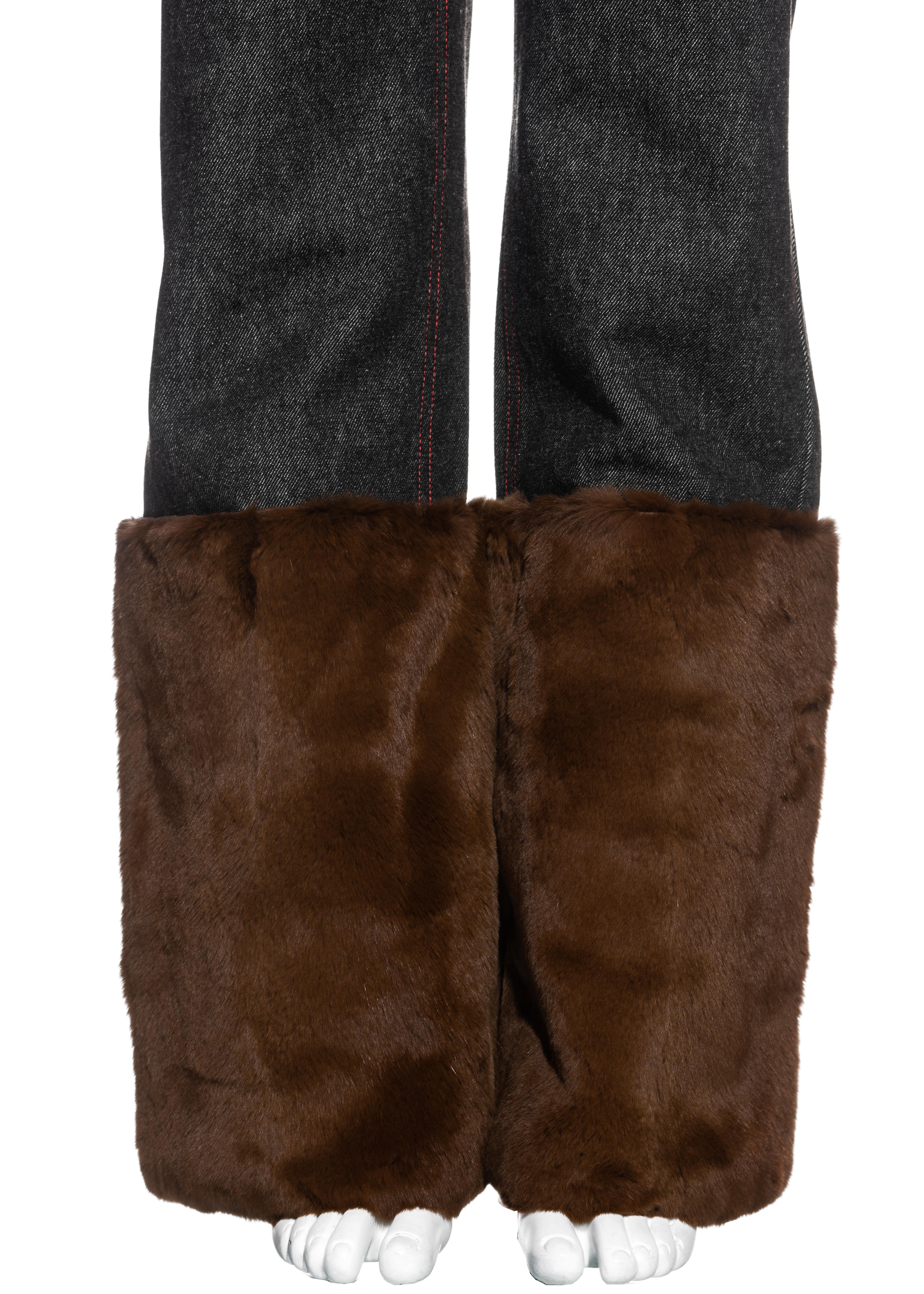 Black Dolce & Gabbana unisex black denim jeans with brown fur, fw 1999