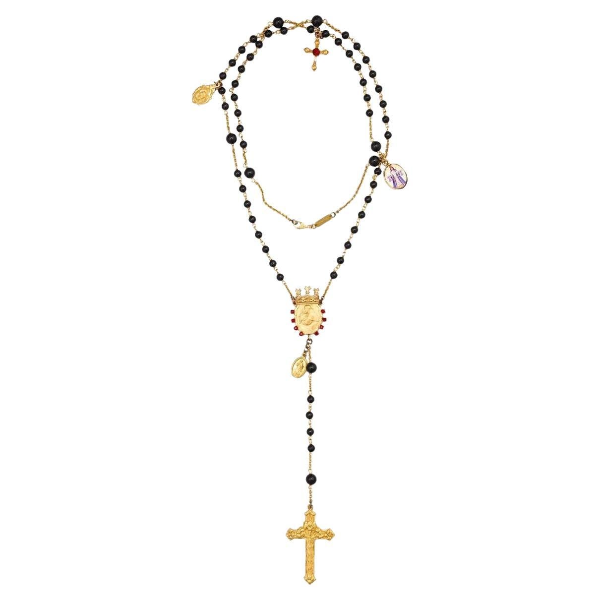 Dolce & Gabbana - Unisex Rosario Cross Crystal Crown Chain Necklace Gold Black