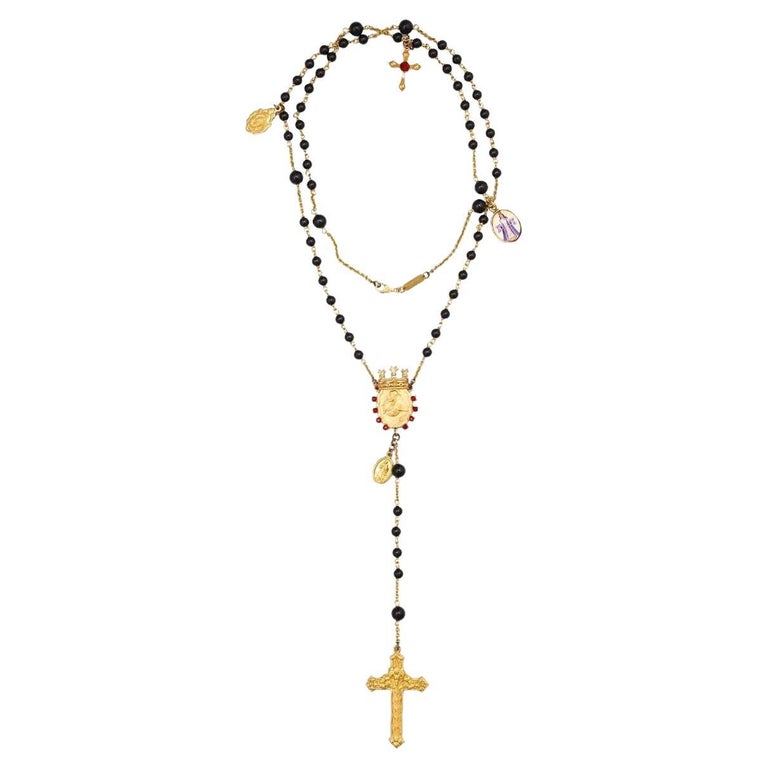 Dolce and Gabbana - Unisex Rosario Kreuz-Kristall-Kronkette Halskette Gold  Schwarz im Angebot bei 1stDibs