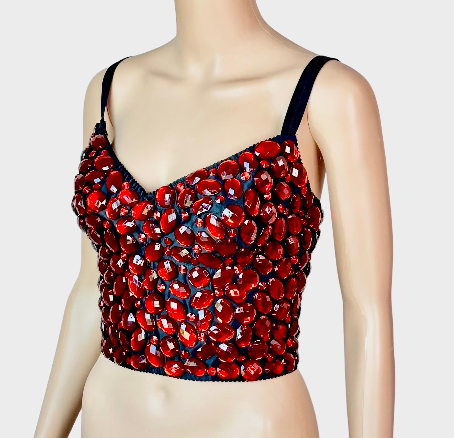 Dolce & Gabbana Unworn Crystal Embellished Beaded Red Bustier Bralette Crop Top IT 44