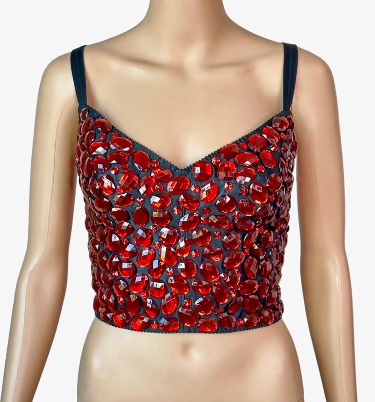 Dolce and Gabbana Unworn Crystal Embellished Beaded Red Bustier Bralette  Crop Top For Sale at 1stDibs