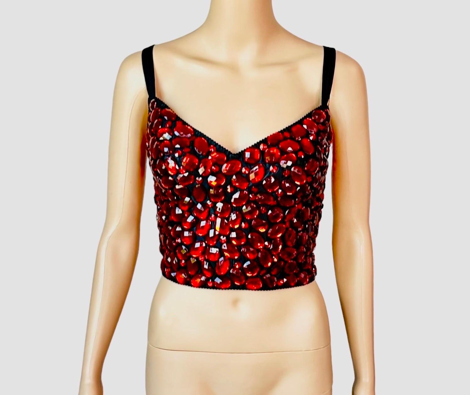 Women's Dolce & Gabbana Unworn Crystal Embellished Beaded Red Bustier Bralette Crop Top For Sale