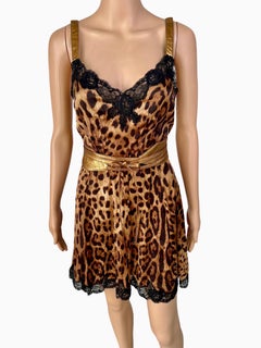 Dolce & Gabbana Unworn Lace Leopard Print Belted Silk Dress
