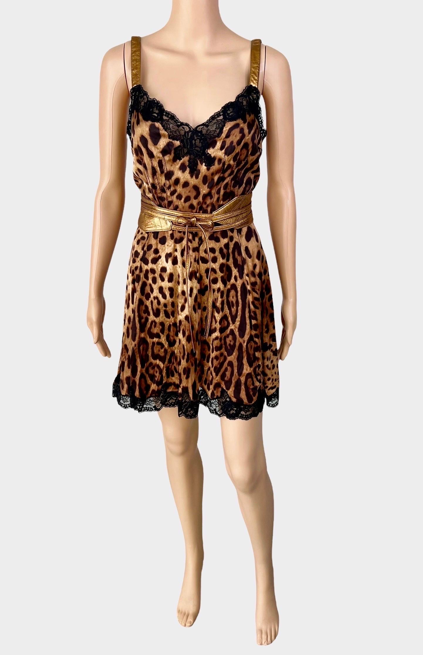 Dolce & Gabbana Unworn Lace Leopard Print Belted Silk Dress For Sale 2