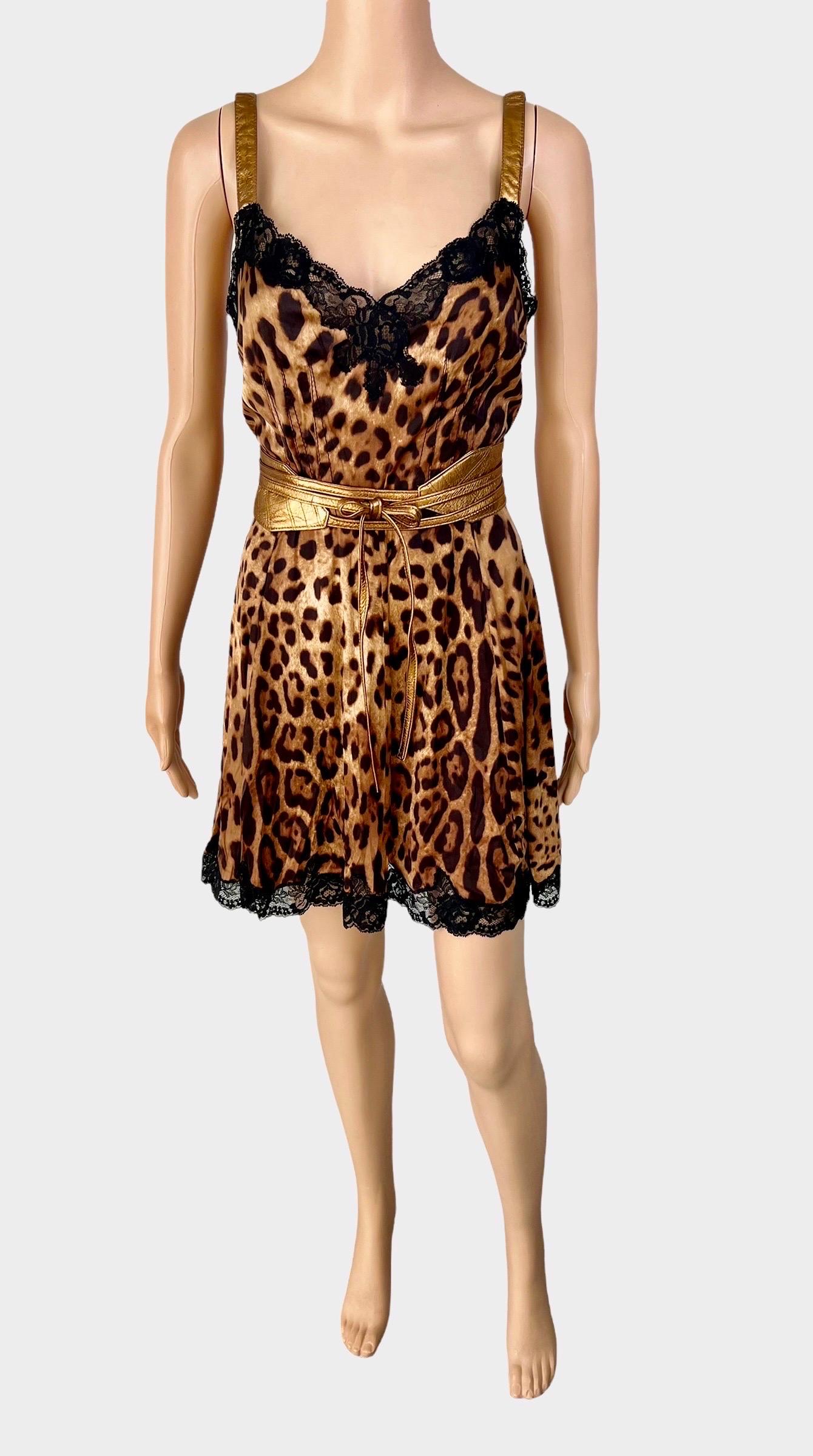 Dolce & Gabbana Unworn Lace Leopard Print Belted Silk Dress For Sale 3