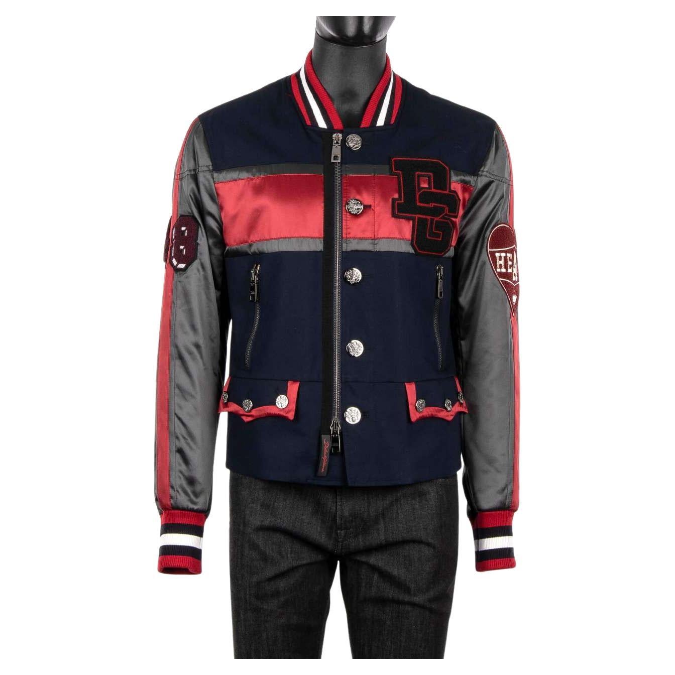 Dolce & Gabbana Varsity Jacket with DG King Logo and Applications Blue Red 54 For Sale