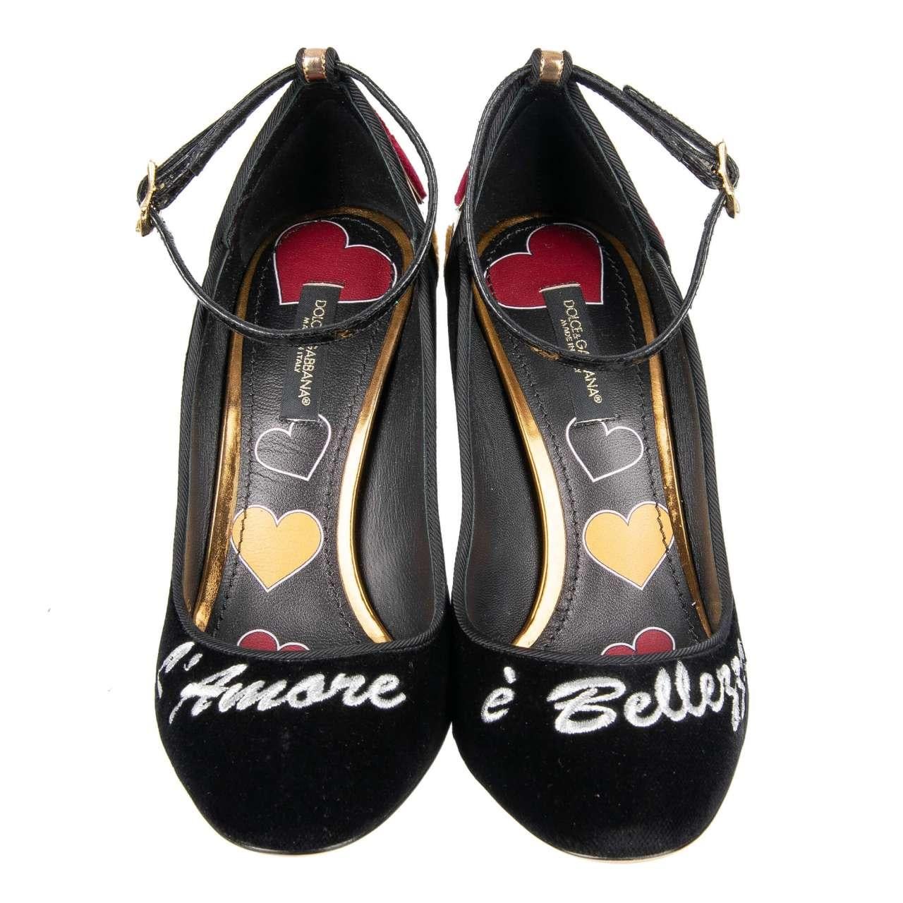 Dolce & Gabbana Velvet Ankle Strap Hearts Pumps VALLY L'Amore Black Gold EUR 36 For Sale 1