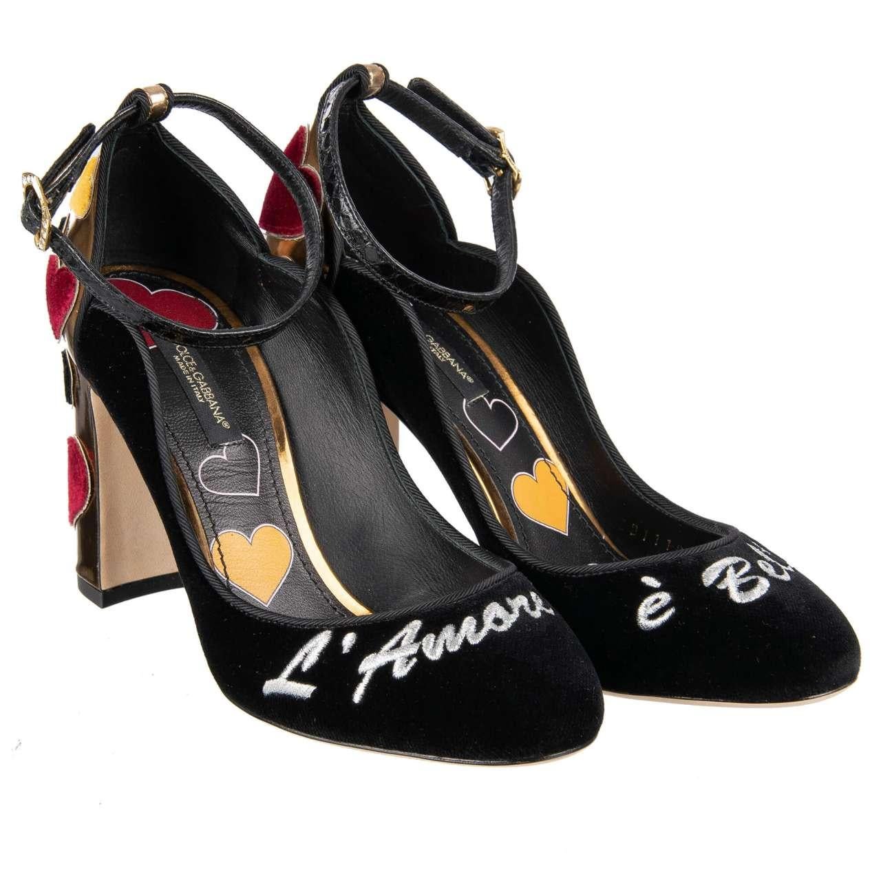 Dolce & Gabbana Velvet Ankle Strap Hearts Pumps VALLY L'Amore Black Gold EUR 36 For Sale 2