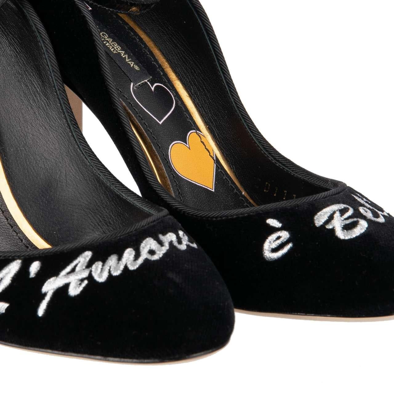 Dolce & Gabbana Velvet Ankle Strap Hearts Pumps VALLY L'Amore Black Gold EUR 36 For Sale 3