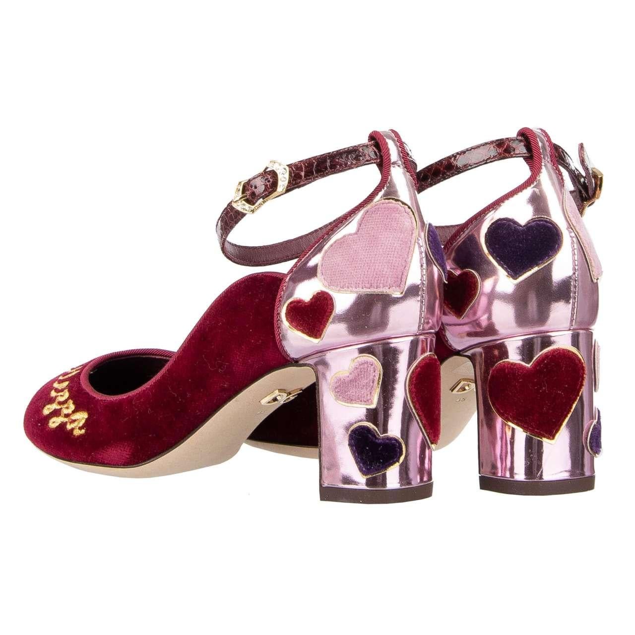 Dolce & Gabbana Velvet Ankle Strap Hearts Pumps VALLY L'Amore Red Pink EUR 35 In Excellent Condition For Sale In Erkrath, DE