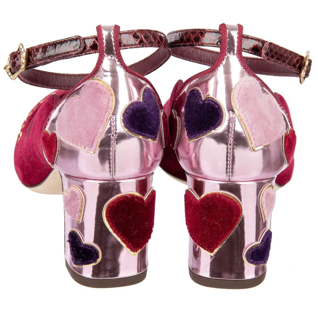 Women's Dolce & Gabbana Velvet Ankle Strap Hearts Pumps VALLY L'Amore Red Pink EUR 35.5 For Sale