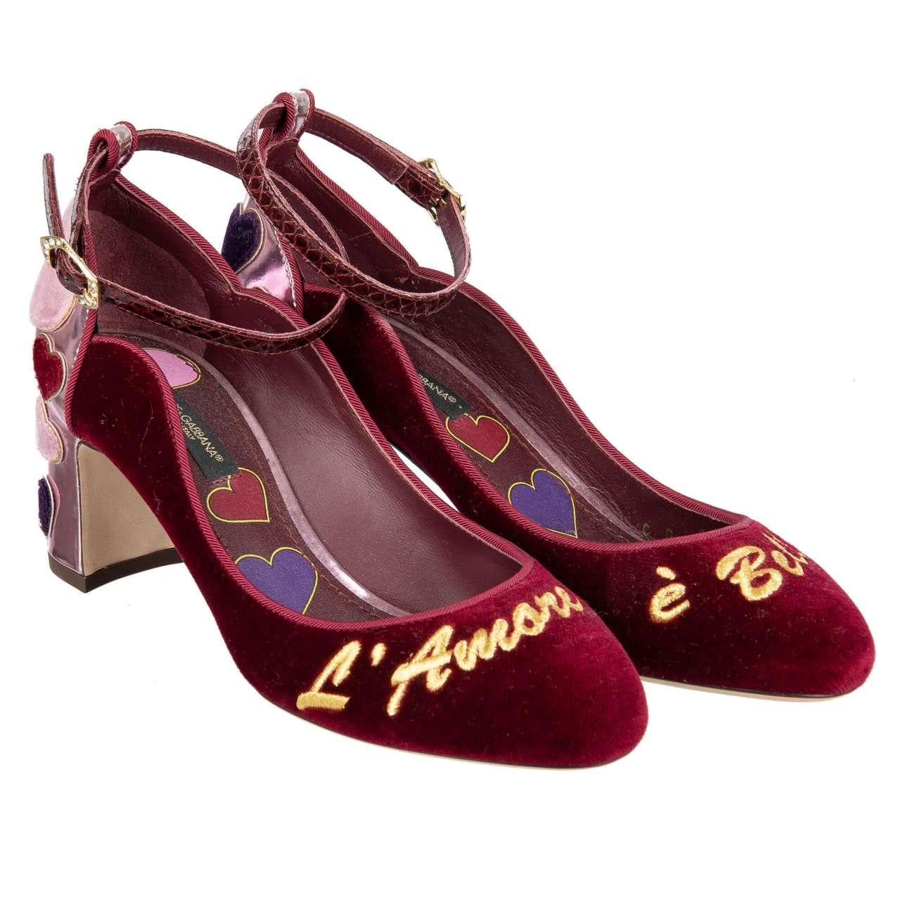 Dolce & Gabbana Velvet Ankle Strap Hearts Pumps VALLY L'Amore Red Pink EUR 35.5 For Sale 1