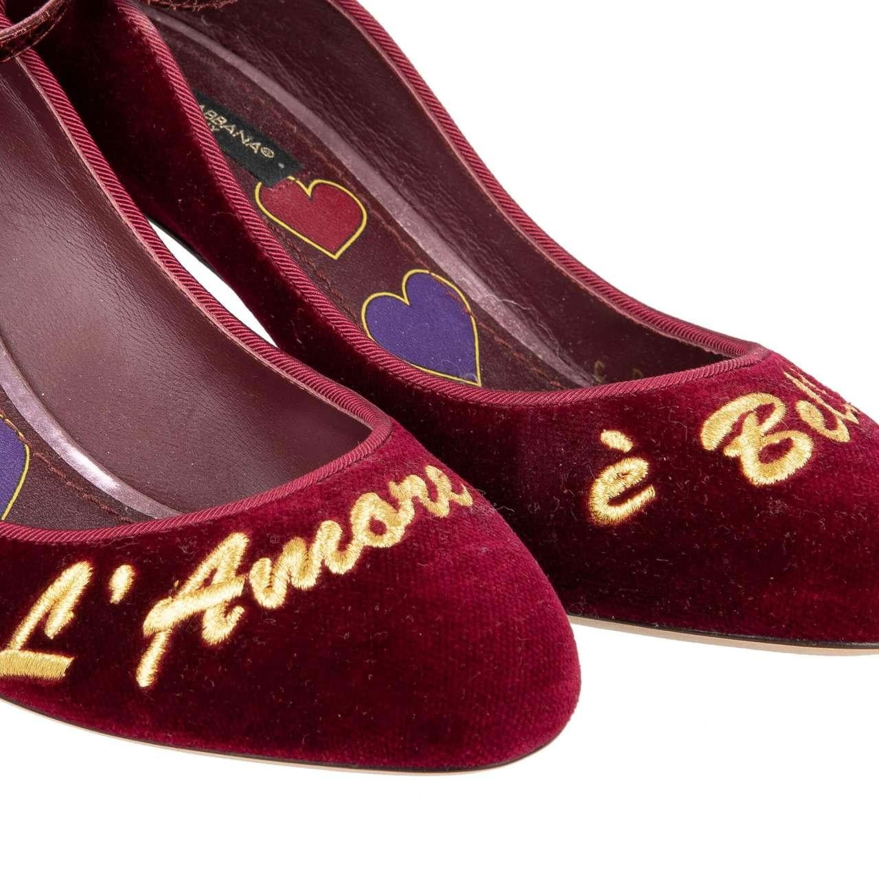 Dolce & Gabbana Velvet Ankle Strap Hearts Pumps VALLY L'Amore Red Pink EUR 35.5 For Sale 2