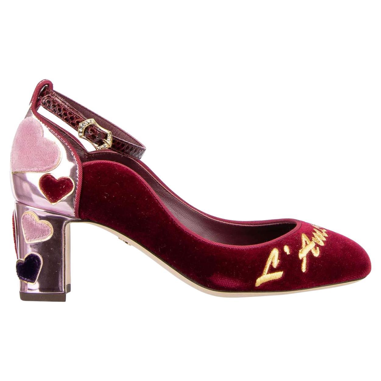 Dolce & Gabbana Velvet Ankle Strap Hearts Pumps VALLY L'Amore Red Pink EUR 35.5 For Sale