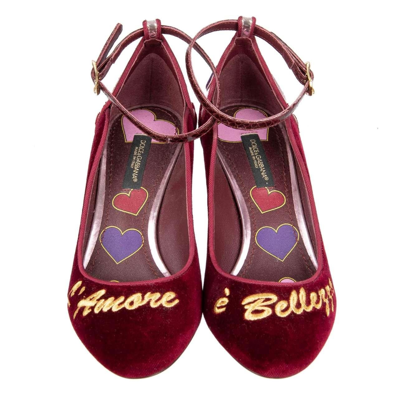 Dolce & Gabbana  Velvet Ankle Strap Hearts Pumps VALLY L'Amore Red Pink EUR 38.5 For Sale 3