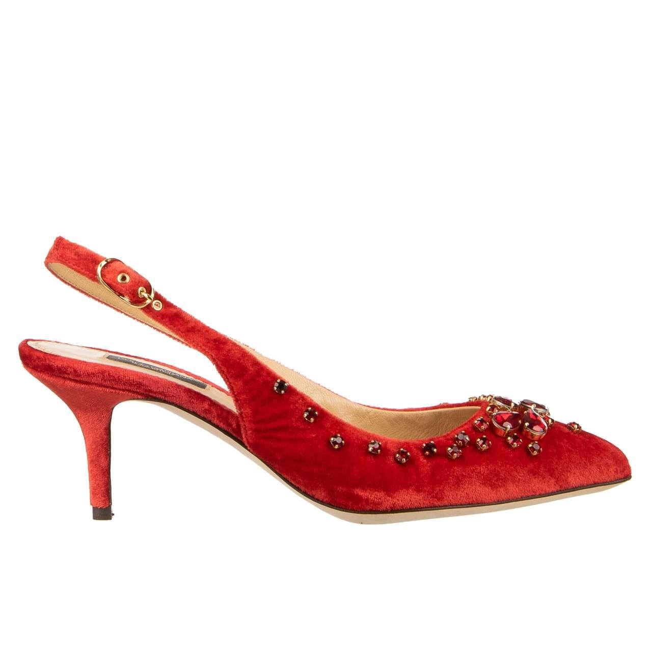 - Pointed Silk Blend Velvet Slingbacks Pumps BELLUCCI with Crystals Embroidery in red by DOLCE & GABBANA - New with Box - MADE IN ITALY - Model: C18148-B9641-80303 - Material: 78% Viscose, 22% Silk - Inner Material: leather - Sole: Leather - Color: