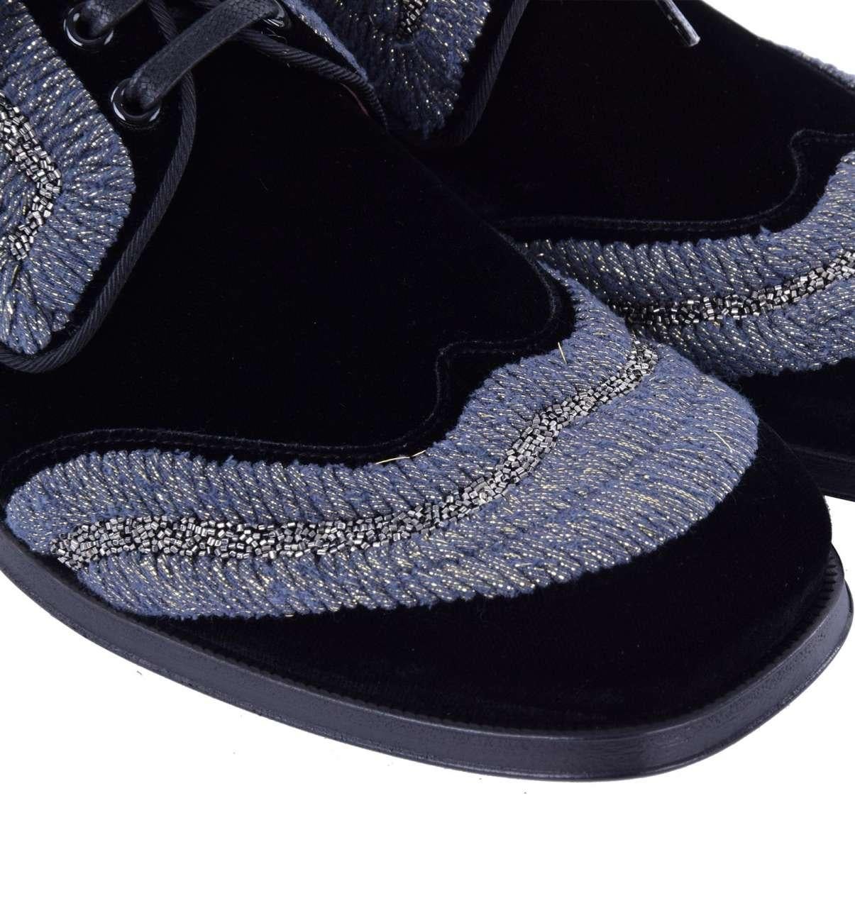 Dolce & Gabbana - Velvet Embroidered Derby Shoes SASSARI Black Silver EUR 39.5 In Excellent Condition For Sale In Erkrath, DE