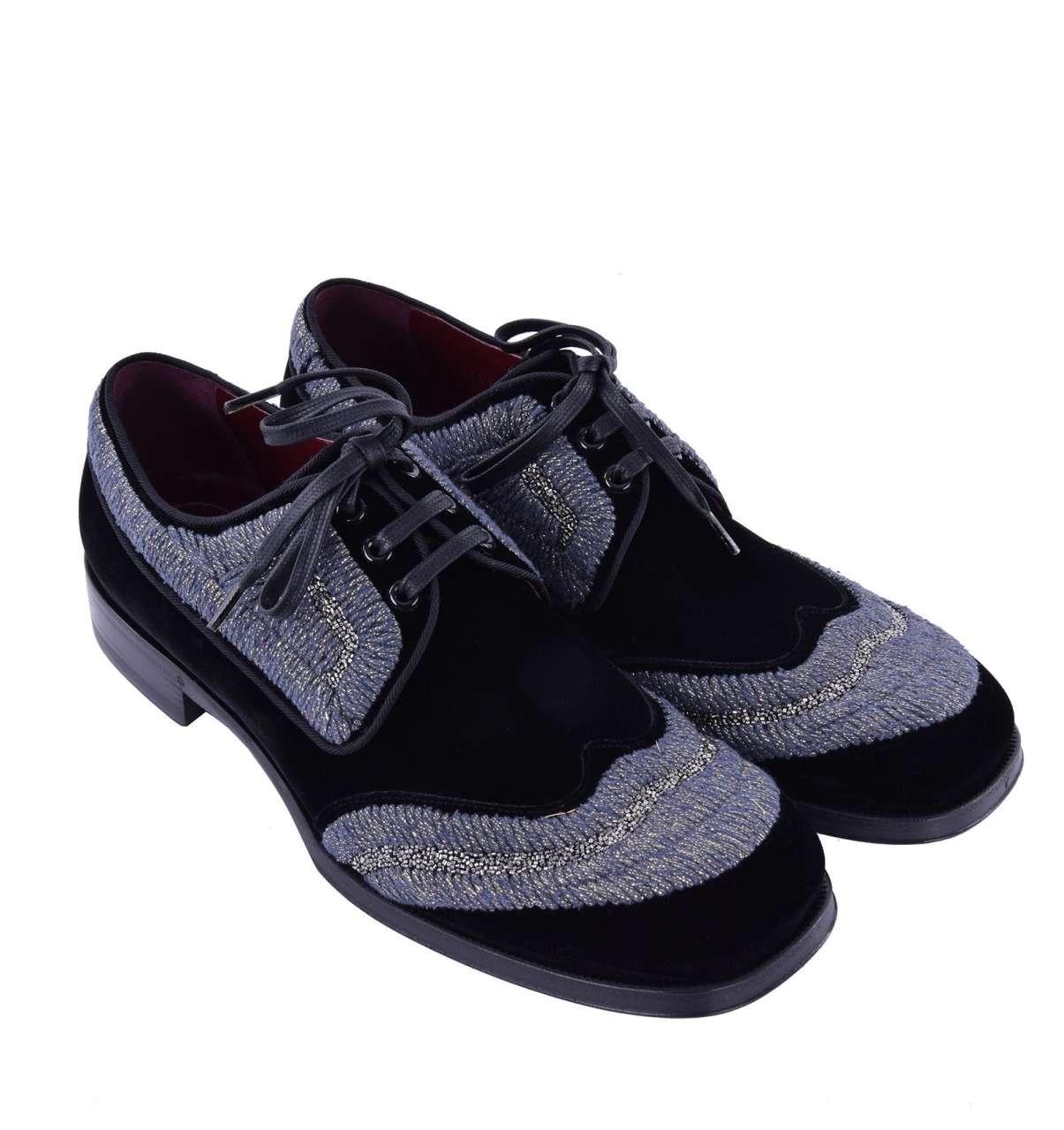 Men's Dolce & Gabbana - Velvet Embroidered Derby Shoes SASSARI Black Silver EUR 39.5 For Sale