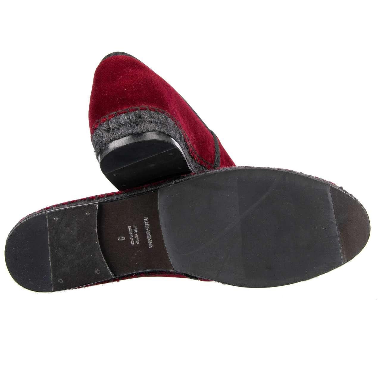 - Velvet Espadrilles shoes TREMITI in bordeaux red by DOLCE & GABBANA - MADE IN SPAIN - New with Box - Model: A50037-A6808-80308 - Material: 90% Cotton, 10% Nylon - Sole: Leather / Rubber - Color: Bordeaux Red / Black - Leather footbed - Sizes