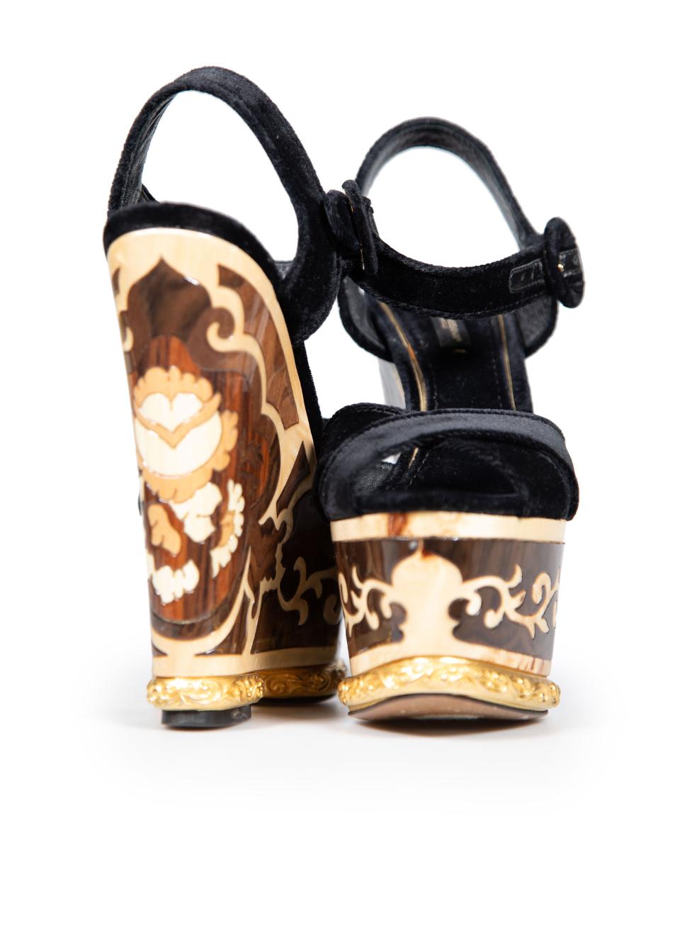 Dolce & Gabbana Velvet Intarsia Wood Wedge Heels Size IT 37 In Excellent Condition In London, GB