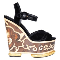 Dolce & Gabbana Velvet Intarsia Wood Wedge Heels Size IT 37