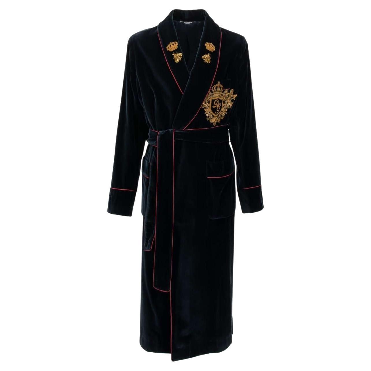 Dolce & Gabbana - Velvet Robe Coat with Bee and Crown Embroidery Blue Red 48 For Sale