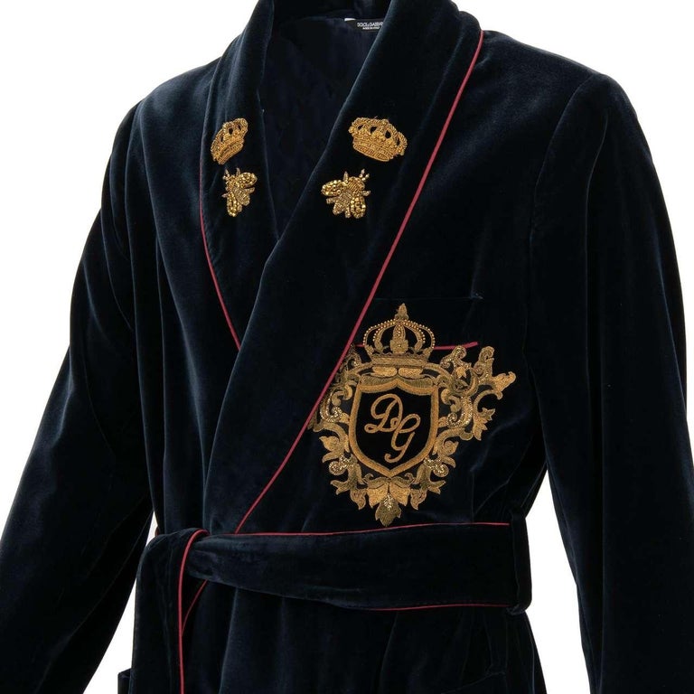 Dolce and Gabbana - Velvet Robe Coat with Bee and Crown Embroidery Blue ...