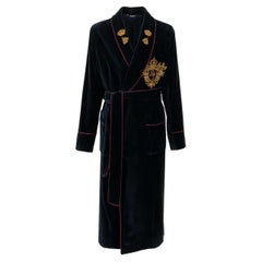 Dolce & Gabbana - Velvet Robe Coat with Bee and Crown Embroidery Blue Red 50