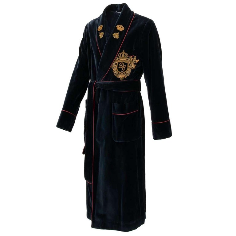 Dolce and Gabbana - Velvet Robe Coat with Bee and Crown Embroidery Blue ...