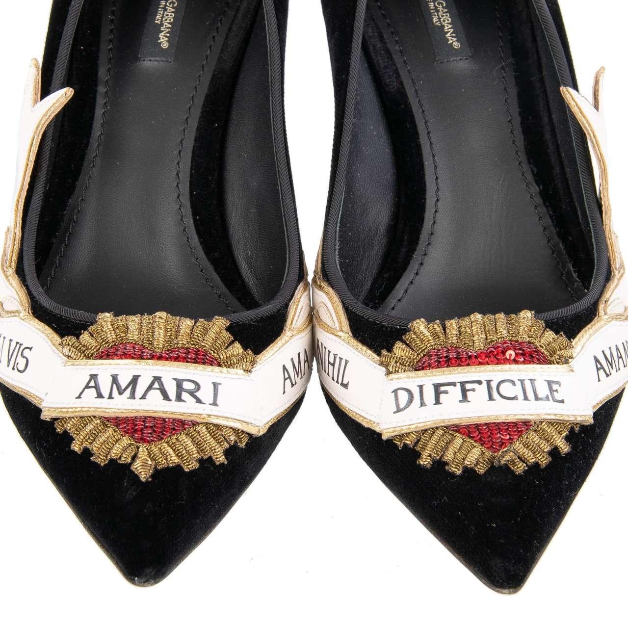 Dolce & Gabbana Velvet Sacred Heart Embroidered Mid Heel Pumps LORI Black EUR 36 For Sale 3