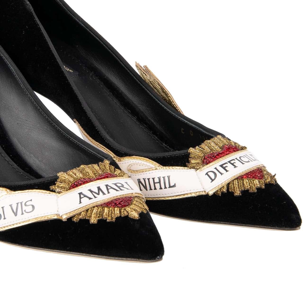 Dolce & Gabbana Velvet Sacred Heart Embroidered Mid Heel Pumps LORI Black EUR 36 For Sale 4