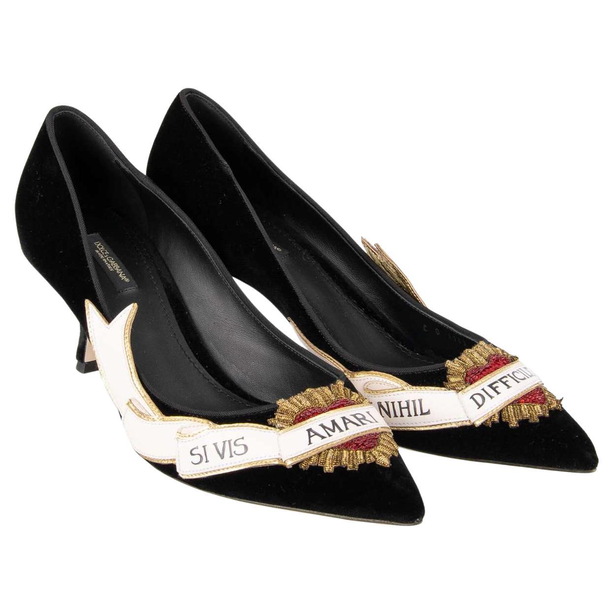 Dolce & Gabbana Velvet Sacred Heart Embroidered Mid Heel Pumps LORI Black EUR 36 For Sale