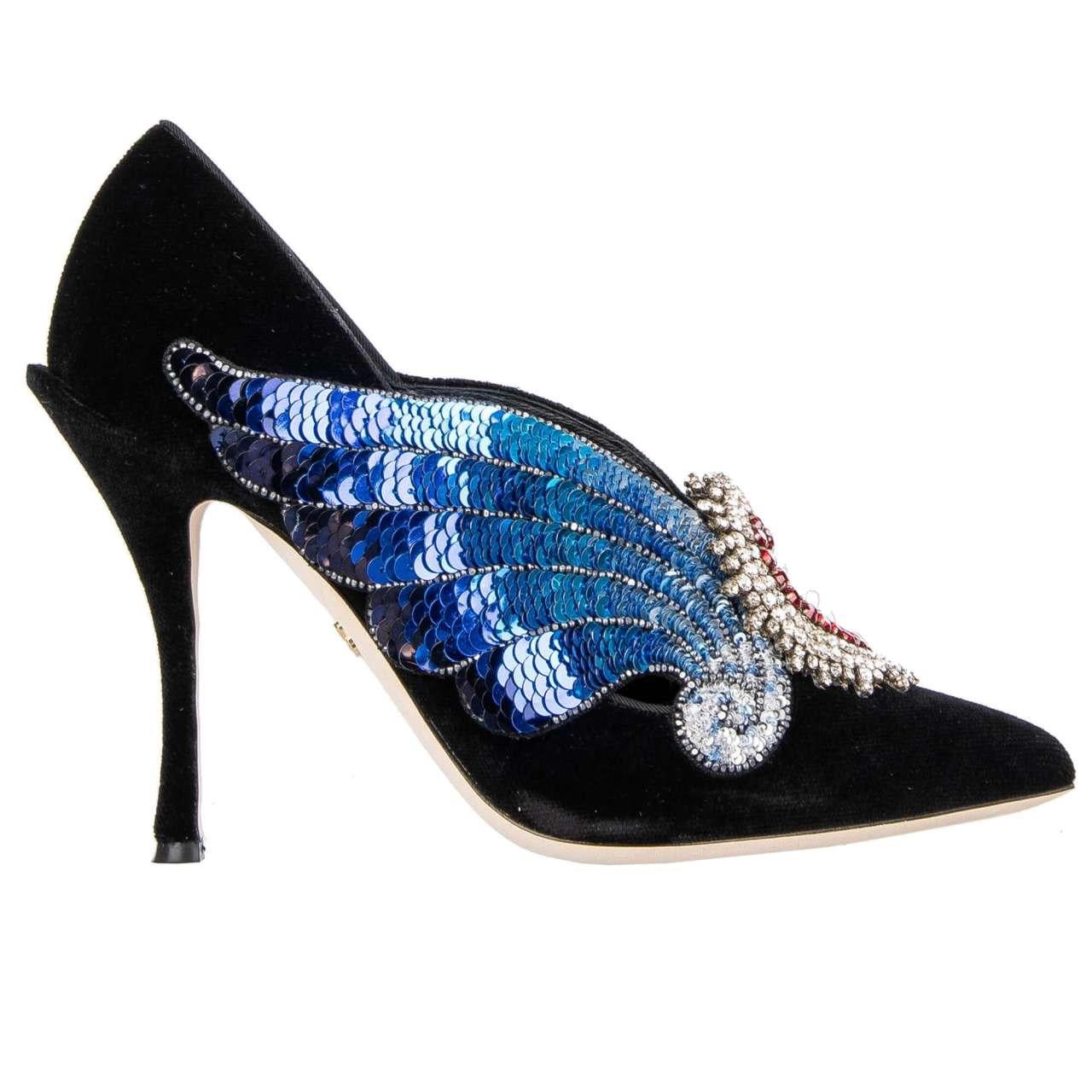 - Pointed Velvet Pumps LORI in black with crystals and sequin Sacred Heart and Wings embroidery by DOLCE & GABBANA - New with Box - MADE IN ITALY - Former RRP: EUR 1.250 - Crystals and sequins embroidered Sacred Heart and Wings - Model: