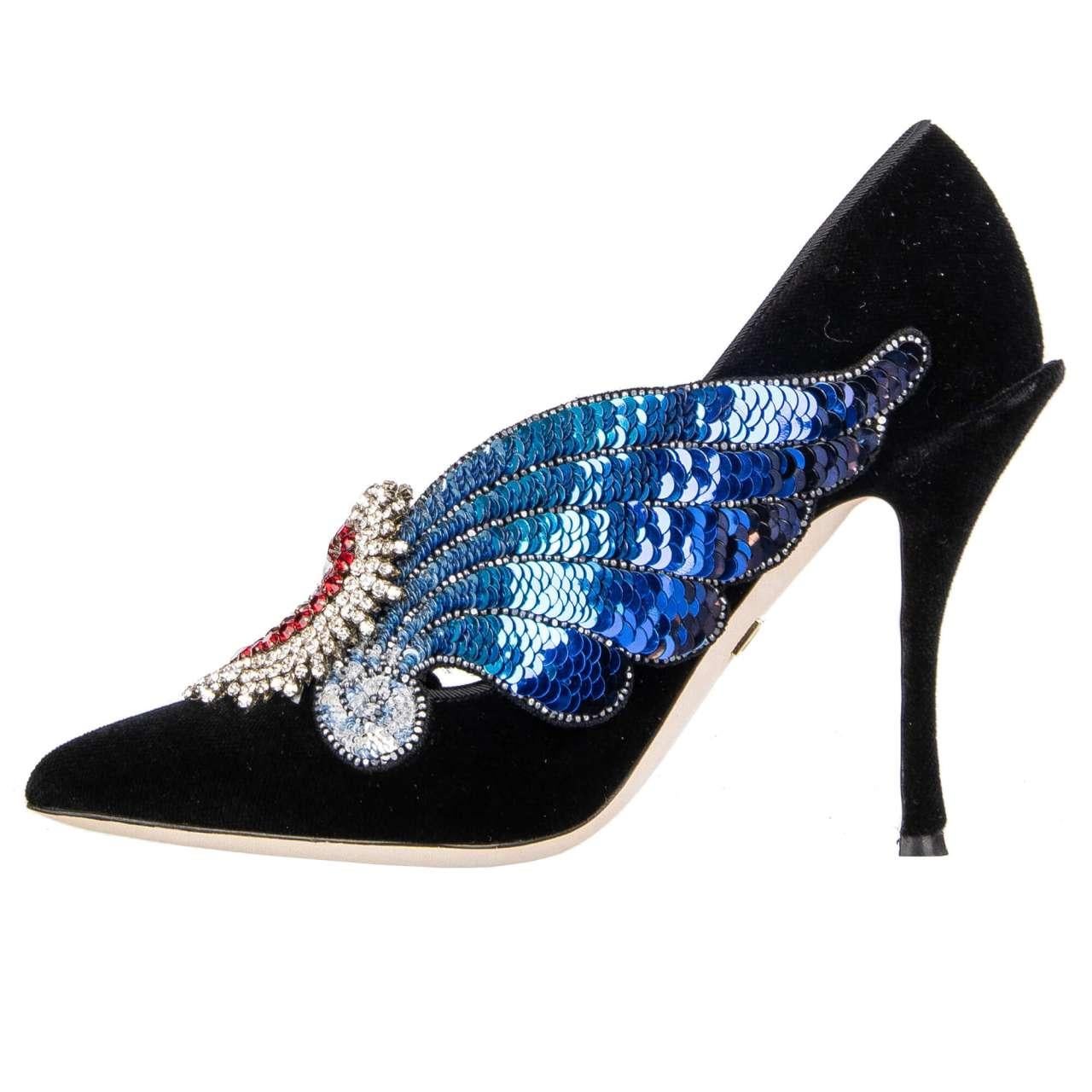 Dolce & Gabbana Velvet Sacred Heart Wings Embroidered Pumps LORI Black EUR 36.5 In Excellent Condition For Sale In Erkrath, DE