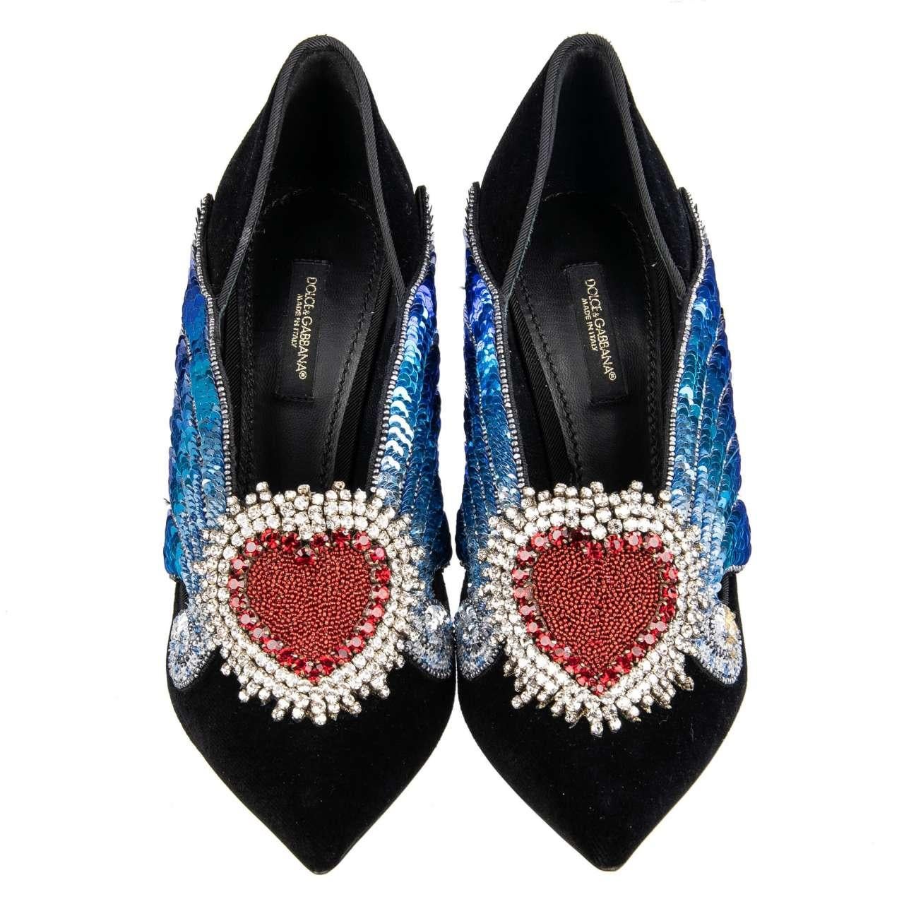 Dolce & Gabbana Velvet Sacred Heart Wings Embroidered Pumps LORI Black EUR 36.5 For Sale 1