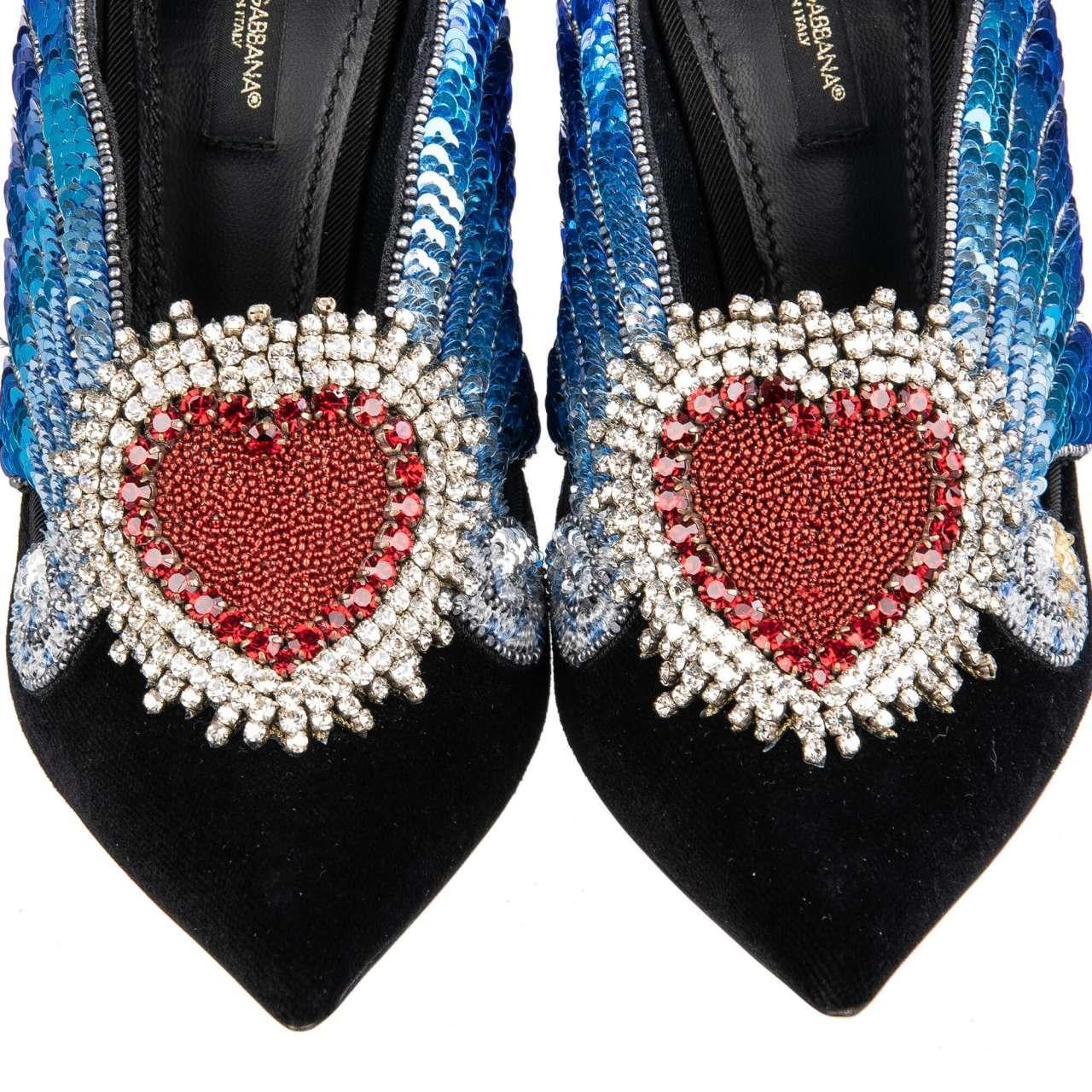 Dolce & Gabbana Velvet Sacred Heart Wings Embroidered Pumps LORI Black EUR 36.5 For Sale 2