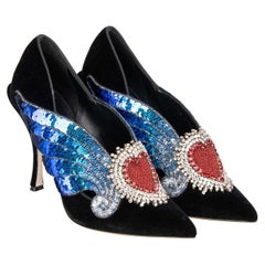 Dolce & Gabbana Velvet Sacred Heart Wings Embroidered Pumps LORI Black EUR 38